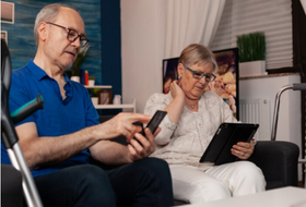 Homem idoso com camisa azul utilizando um smartphone ao lado de uma mulher idoso que utiliza um tablet com expressão facial confusa